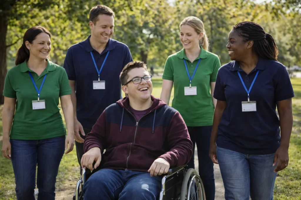 Group of diverse disability support workers walking with a client in a wheelchair in an Australian park, smiling and wearing casual uniforms with badges