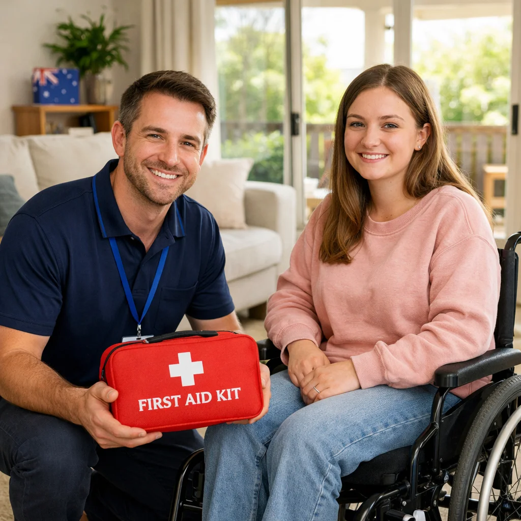 Support worker holding first aid kit while kneeling beside woman in wheelchair in Australian living room
