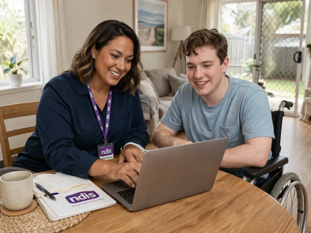 A warm, professional scene of a support coordinator and a participant sitting at a kitchen table with a laptop, having a friendly conversation.