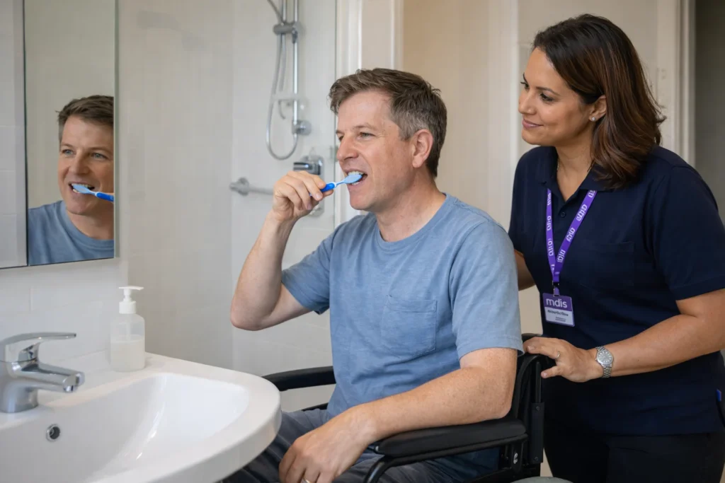 A calm, well-lit bathroom scene in an Australian home. A support worker is respectfully assisting a man in a wheelchair with brushing his teeth. The atmosphere is respectful and dignified.