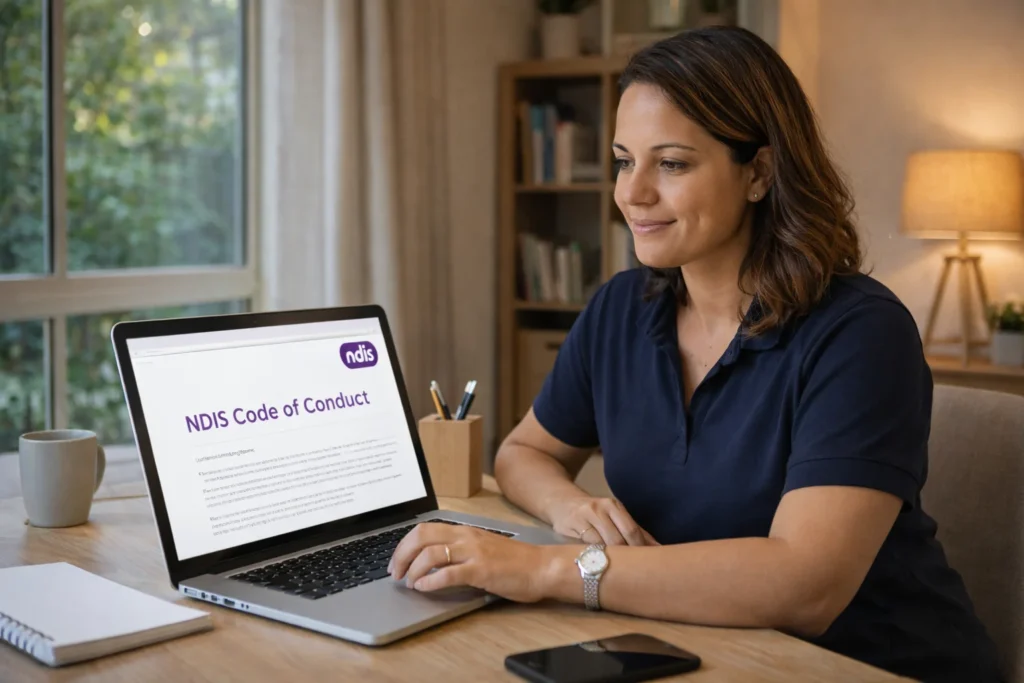 A professional Australian woman reading NDIS Code of Conduct guidelines on a laptop at a home office desk, warm lighting, focused expression