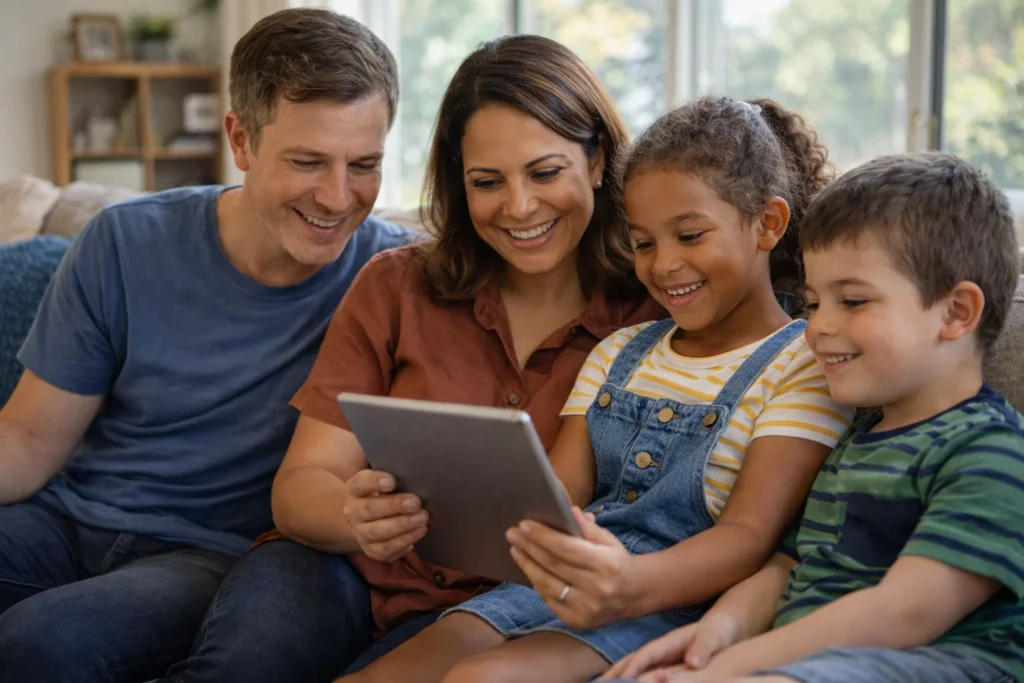 A diverse Australian family sitting together on a couch in a bright living room, smiling while looking at a tablet screen, representing NDIS eligibility discussions at home.