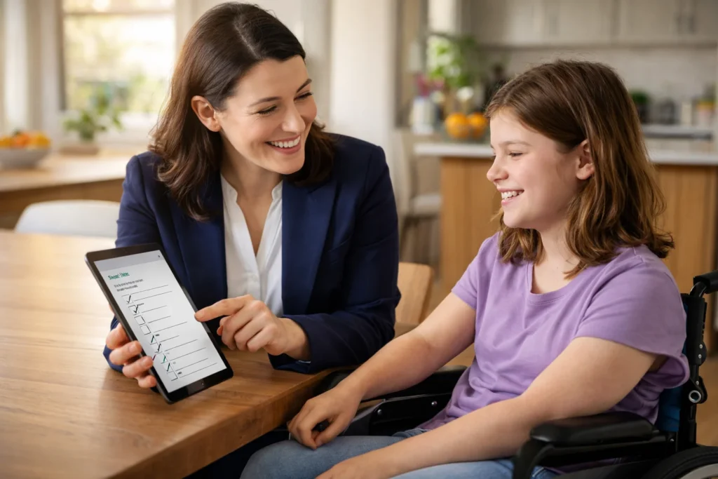 A friendly NDIS support worker sitting at a kitchen table with a young woman in a wheelchair. They are reviewing a document together, smiling, with warm natural lighting coming through the window.