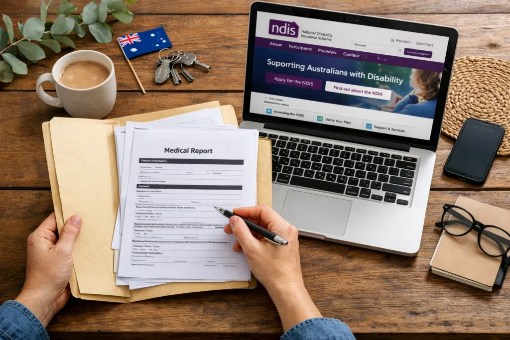 Top-down view of hands holding medical reports and pen next to a laptop displaying the NDIS website on a wooden table in an Australian home