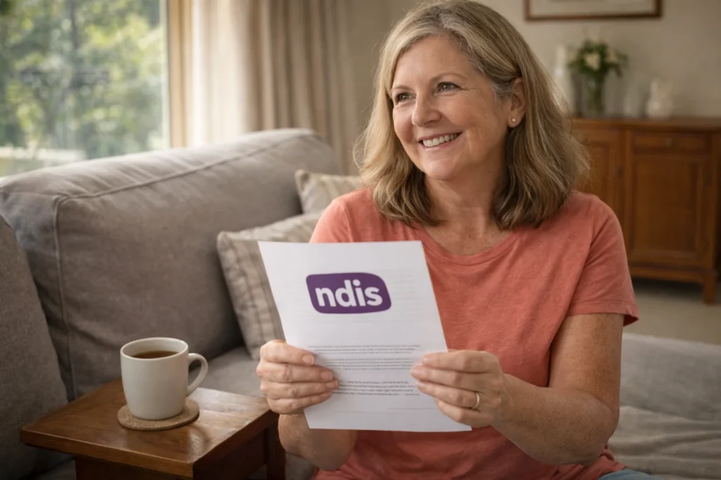 A woman sitting on her couch holding her NDIS plan document, looking relieved and smiling, with a cup of tea beside her