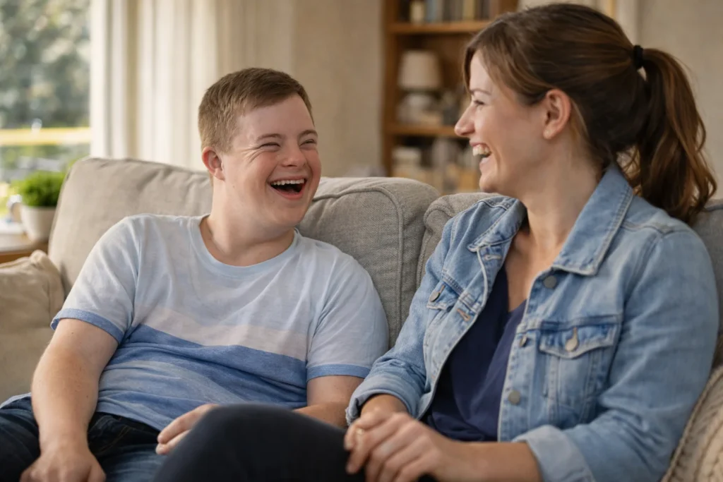 A support worker sitting on a couch with a young man with a disability, having a relaxed conversation and laughing together.