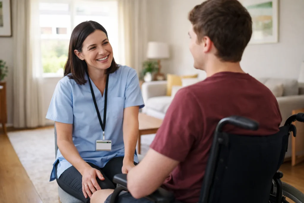 Support worker talking to young man in wheelchair in Australian living room