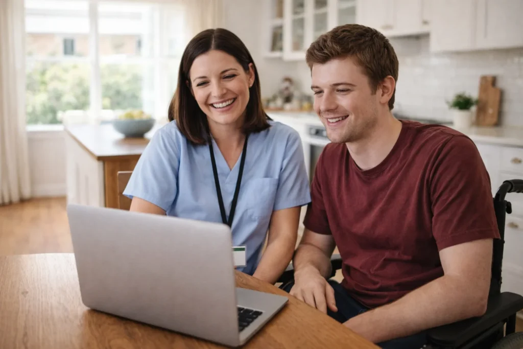Support worker and man in wheelchair looking at laptop together in Australian home