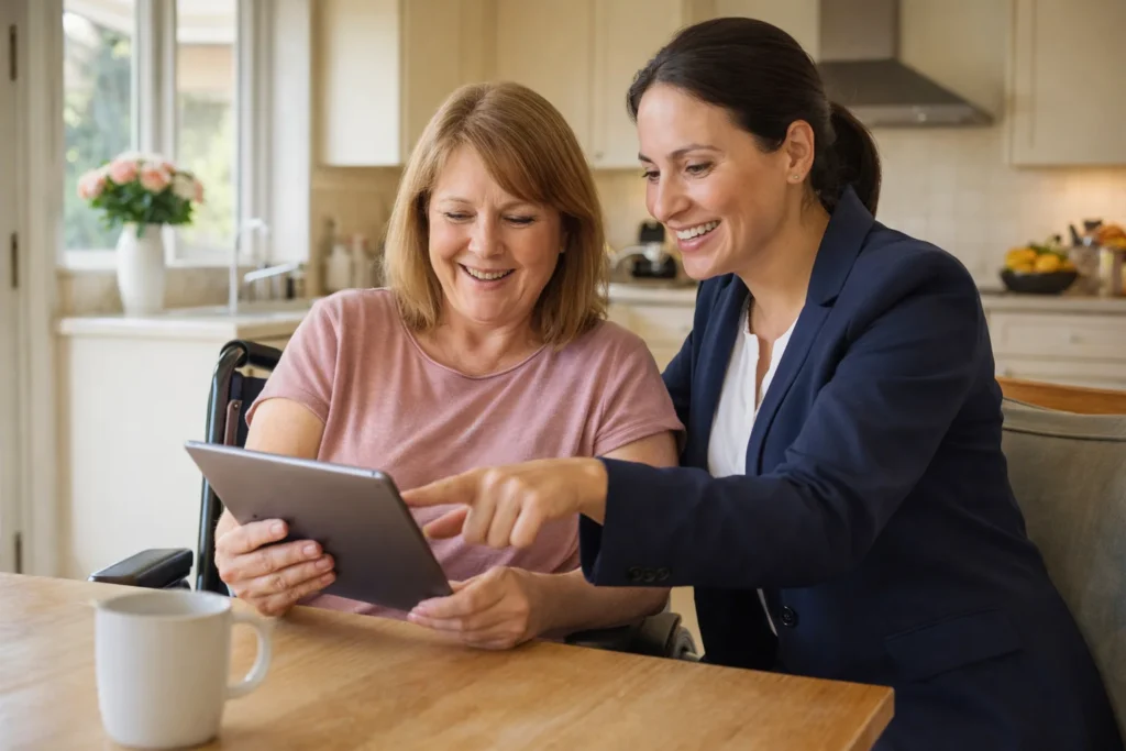 Support coordinator helping woman with disability use tablet at kitchen table