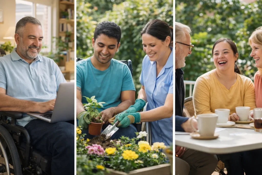 Diverse group of Australians with disabilities engaging in activities with support workers