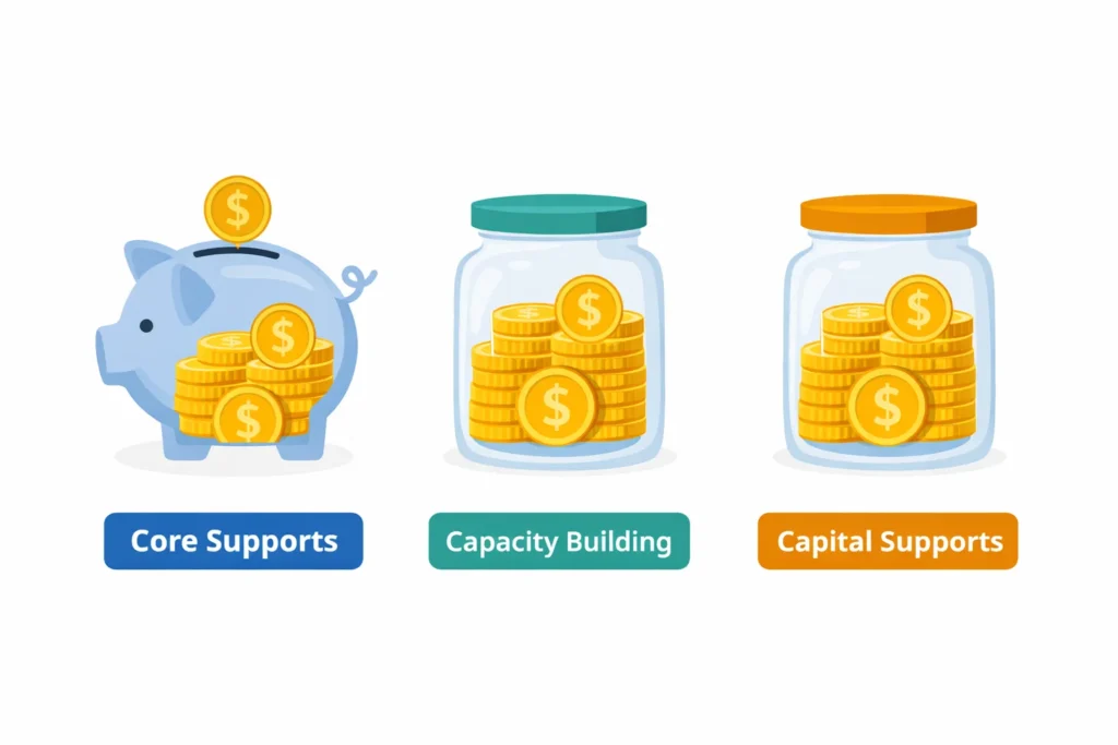 A simple, colorful infographic showing three labeled piggy banks representing Core, Capacity Building, and Capital Supports budgets]
