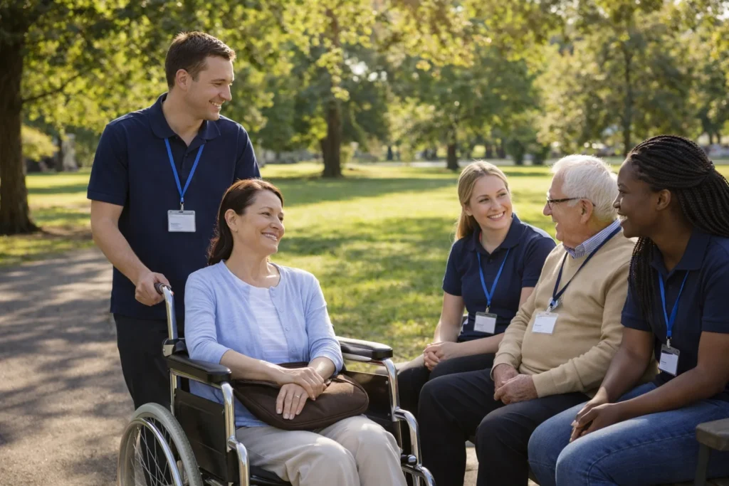 Group of disability support workers and participants in an Australian park