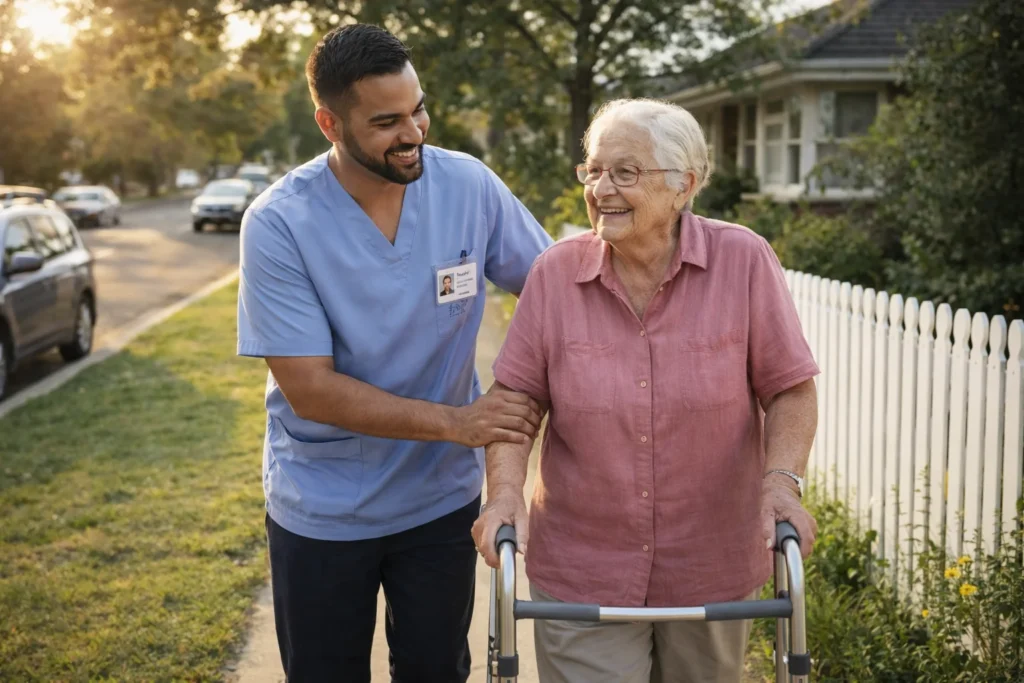 NDIS support worker in blue uniform helping an elderly woman with a walking frame on an Australian footpath
