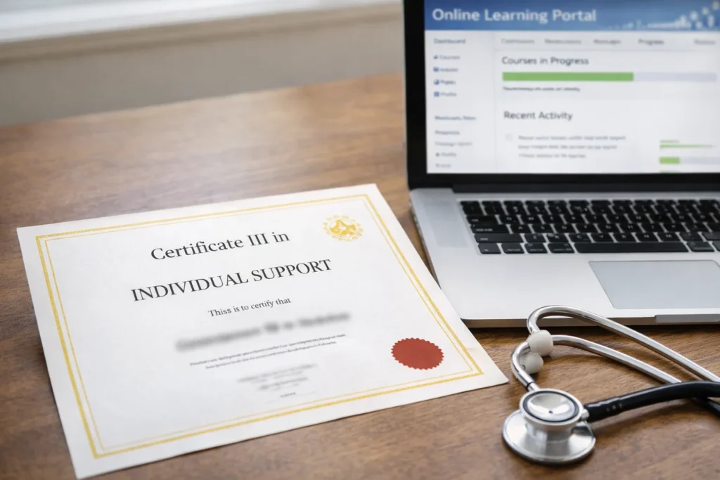 Certificate III in Individual Support displayed on a desk with laptop