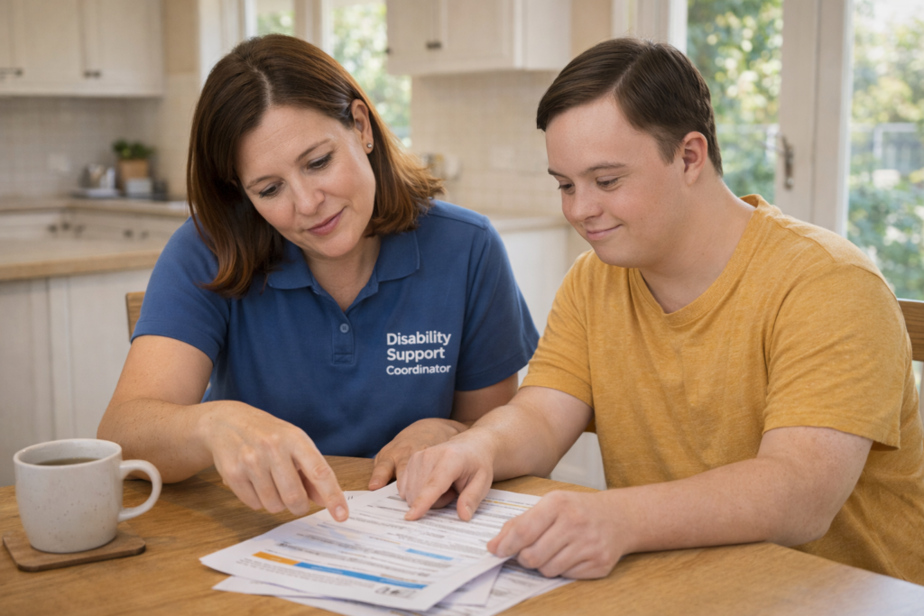Disability support coordinator explaining NDIS document to young adult at dining table