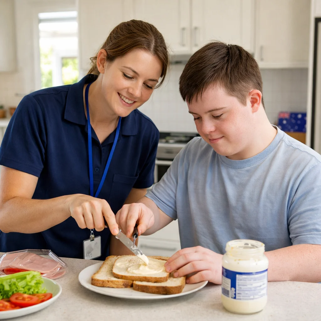 Female support worker teaching young man with Down syndrome to make sandwich in bright Australian kitchen
