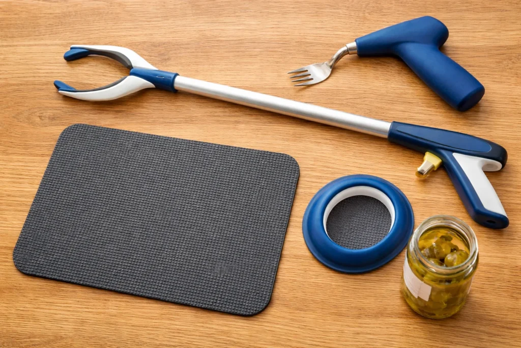 A close-up shot of various assistive technology items like a modified fork, a reacher/grabber tool, and a non-slip mat on a wooden table.