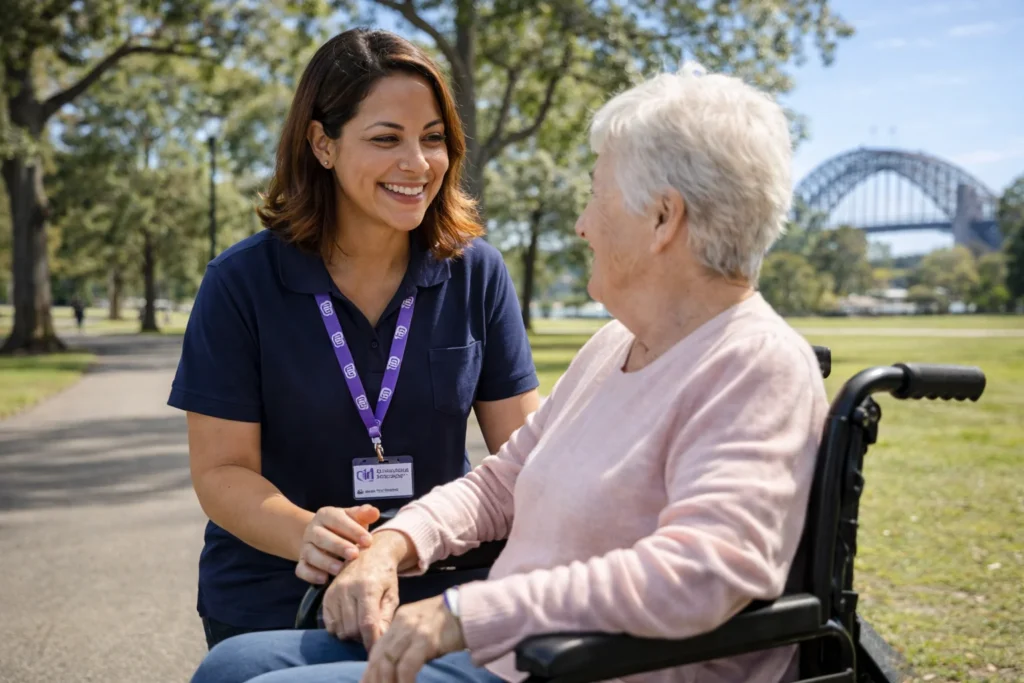 Friendly Australian support worker in blue polo shirt talking to elderly woman in wheelchair in a sunny Sydney park, disability care scene