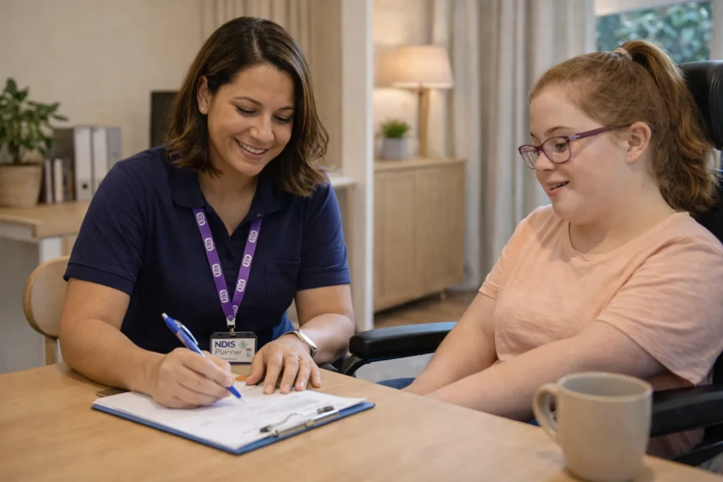 An NDIS planner sitting across from a young woman using a wheelchair in a sunny Australian office, writing notes on a clipboard during a supportive planning meeting.