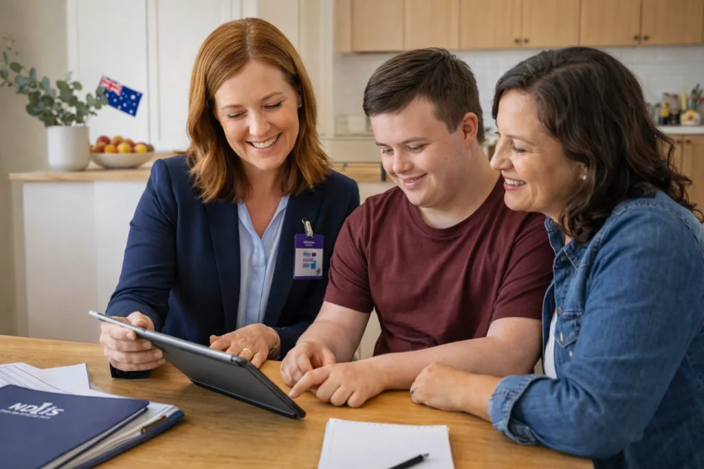 Disability support coordinator sitting with a young adult and his mother at a kitchen table in Australia, reviewing a care plan together on a tablet