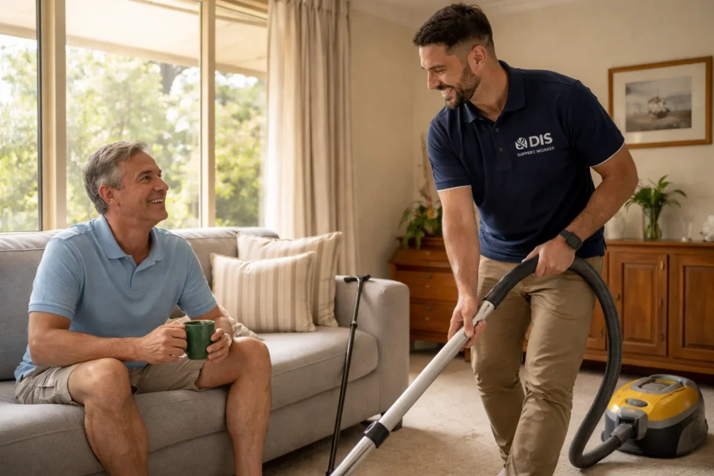 A support worker helping a man in his living room with a vacuum cleaner, showing the funding being used for practical daily support.