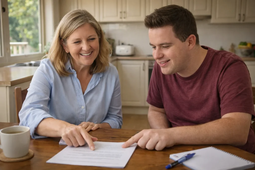 A support coordinator sitting with a participant at a kitchen table, pointing at a document and explaining something with a warm, helpful expression.