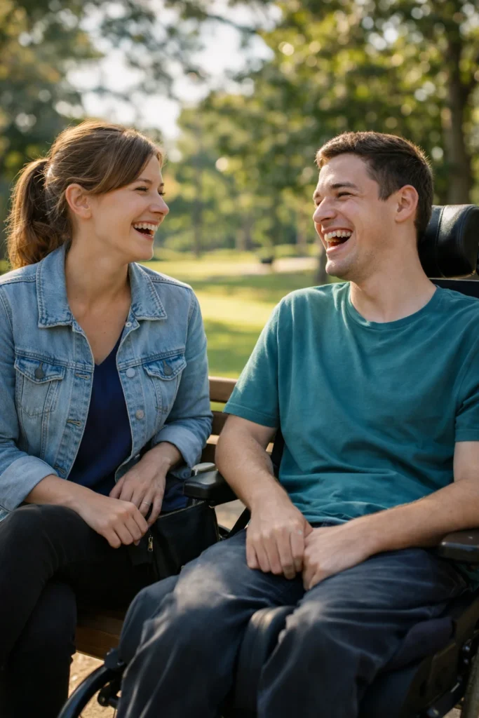 A support worker and a participant sitting on a park bench in Australia, laughing together. The sun is shining, and they look relaxed and happy.