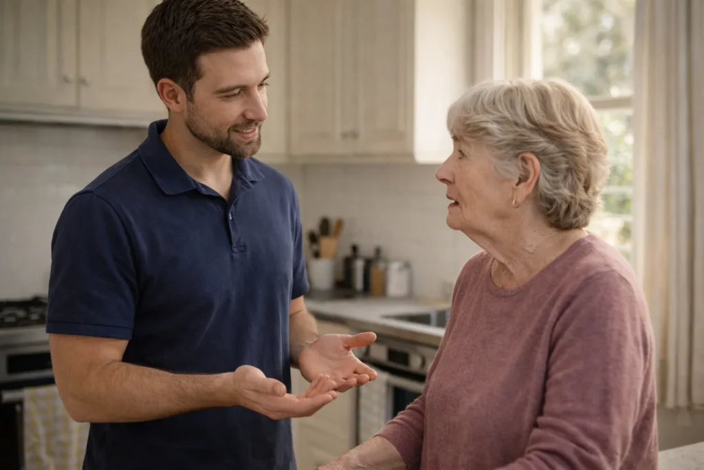 A support worker standing calmly in a kitchen, speaking gently to an older woman who looks a little frustrated, with a warm and patient expression.