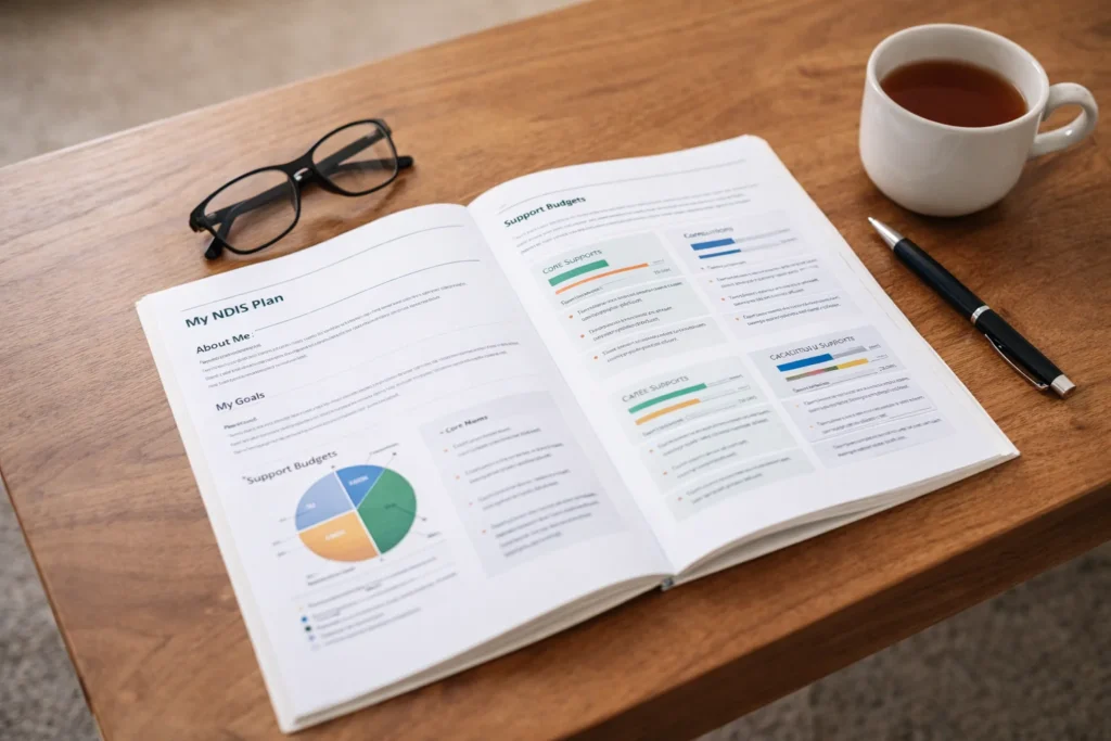 Open NDIS plan document on wooden table with glasses and pen