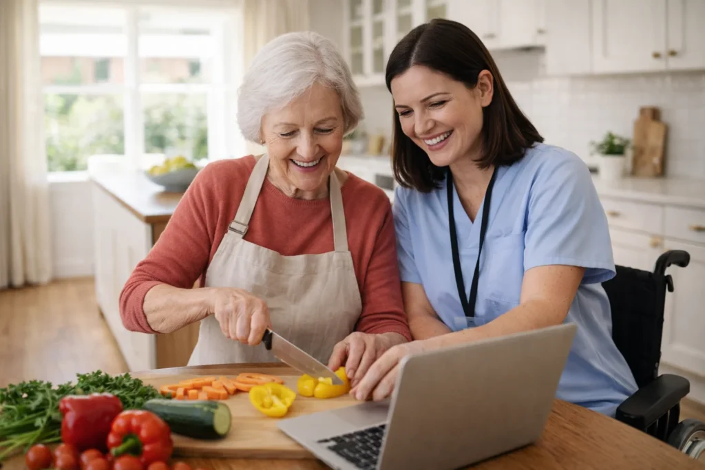 Support worker assisting elderly woman with cooking in bright Australian kitchen