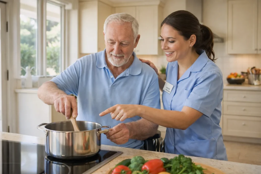 Support worker assisting elderly man with disability prepare meal in bright Australian kitchen