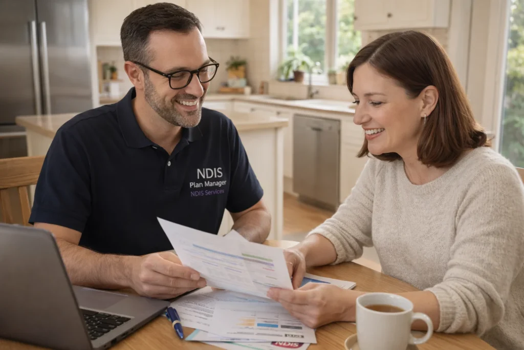 NDIS planner sitting with young woman at kitchen table reviewing documents together