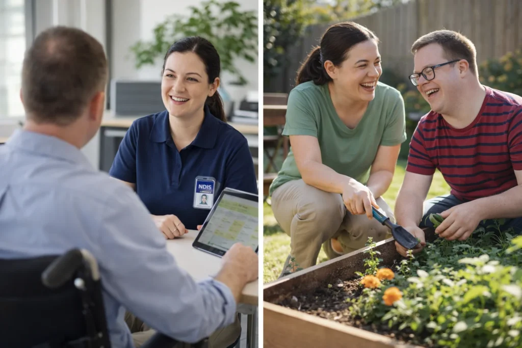 Split image showing registered NDIS provider in office setting and unregistered support worker gardening with participant