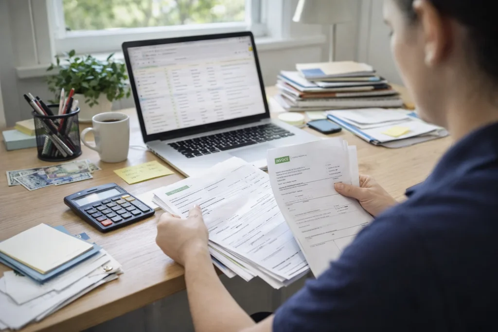 A person sitting at a desk with multiple invoices, a calculator, and a laptop, looking slightly overwhelmed but organized]