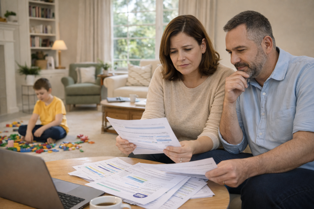 Australian family sitting in living room looking at bills with child playing nearby