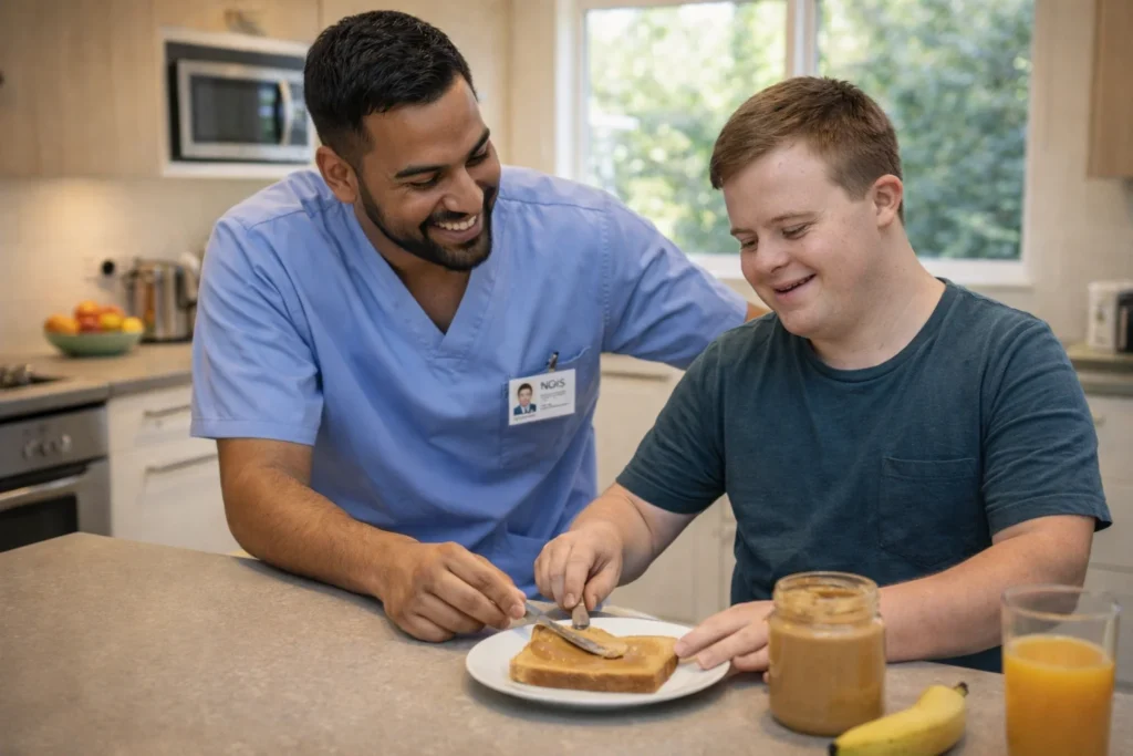 Disability support worker helping a young man with intellectual disability prepare a meal in an Australian kitchen