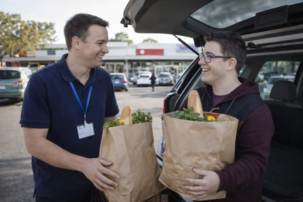 Male support worker helping a participant load groceries in suburban carpark