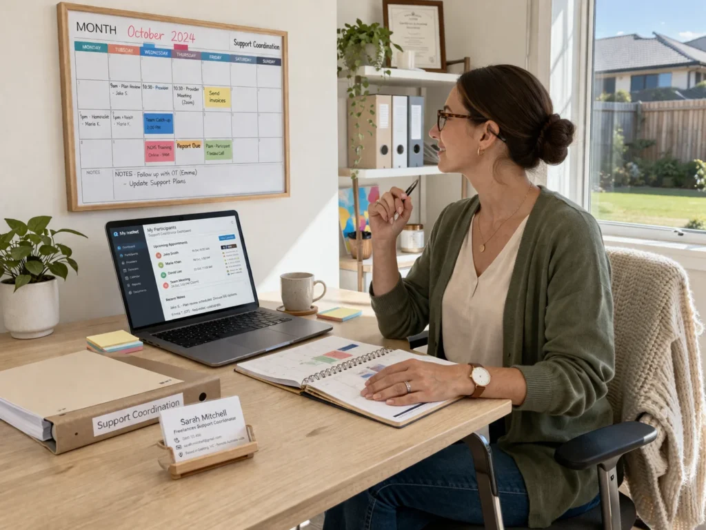 A woman at a home desk with a laptop, looking at invoices and a calendar, smiling, with a cup of coffee.