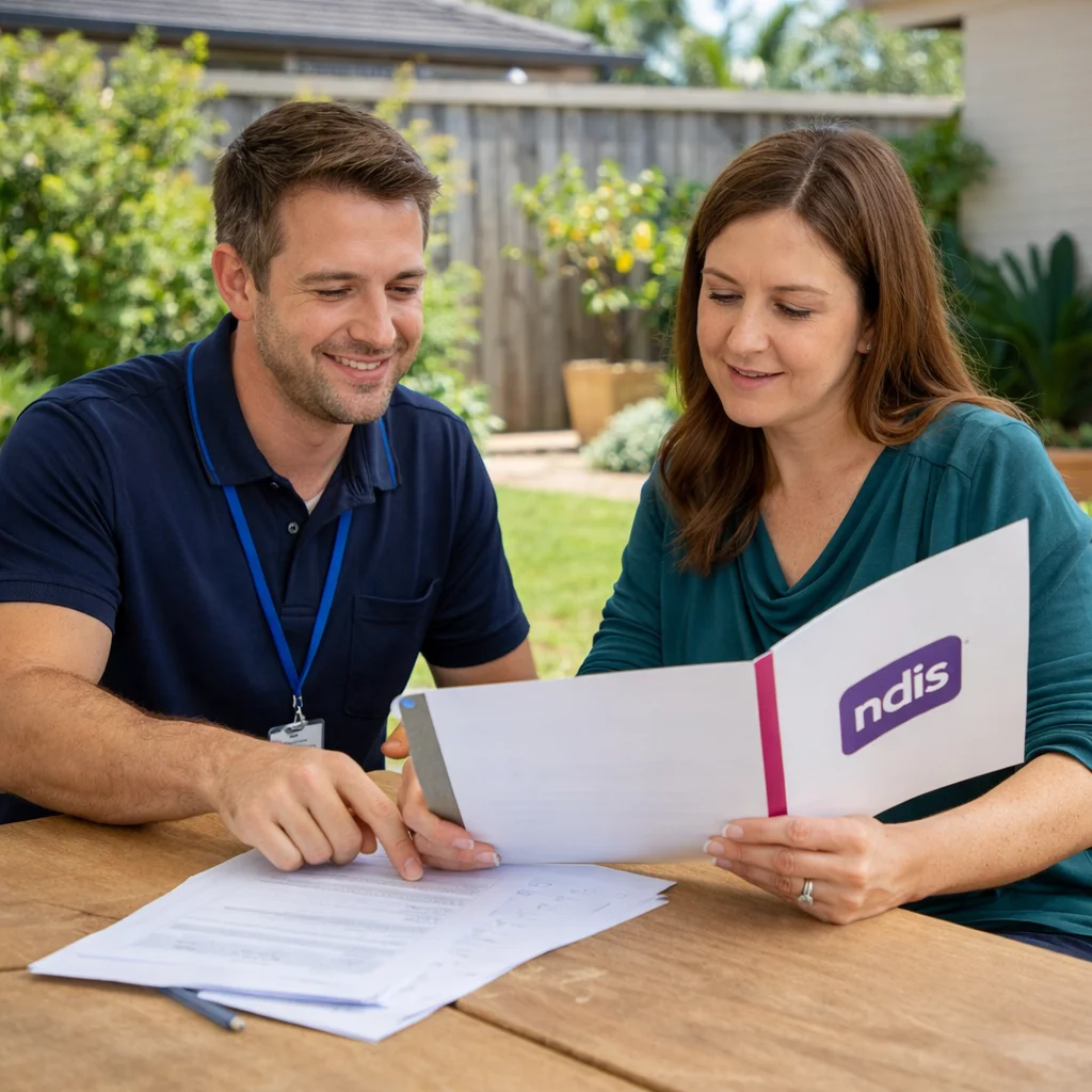 Support worker and client reviewing NDIS paperwork together at table in suburban Australian backyard
