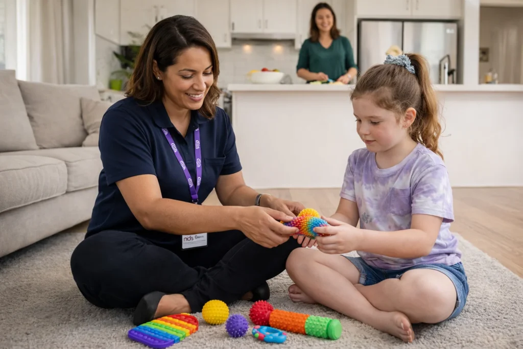 A realistic image of a support worker sitting on the floor playing with a child with autism using sensory toys, while the mother watches from the kitchen, looking relaxed.