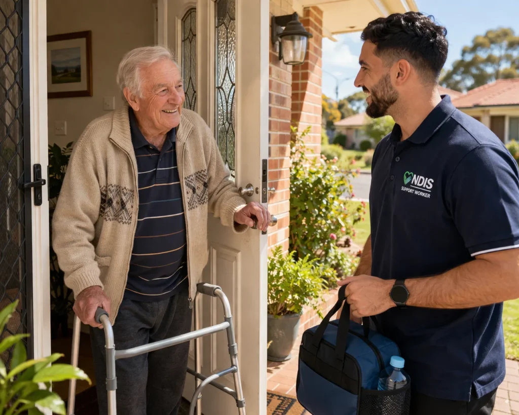 An older man with a walking frame being greeted at the door by a young support worker. They are smiling, showing a respectful and friendly relationship.