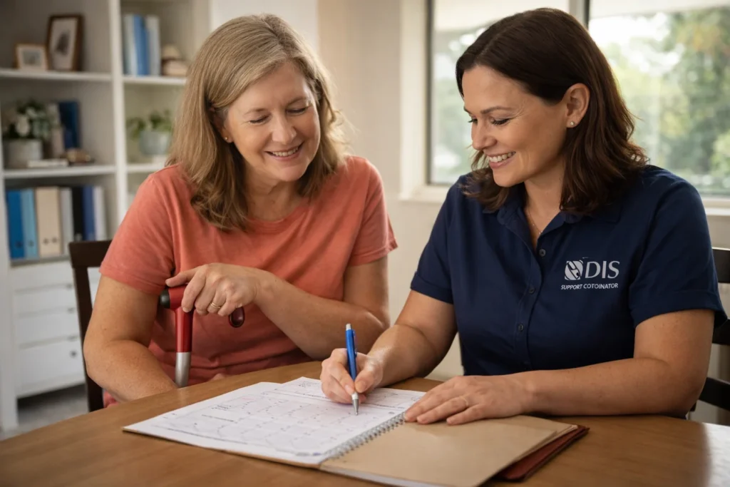 A woman sitting with a planner or support coordinator at a table, reviewing a calendar and making notes for her upcoming plan review.