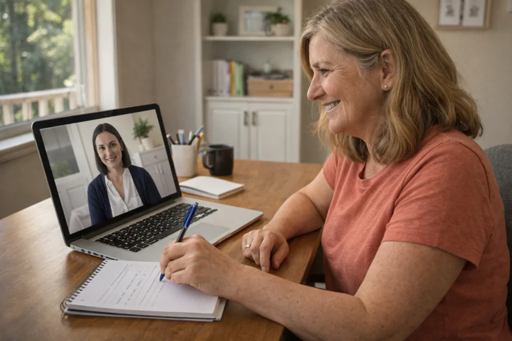 A person on a video call with a laptop, smiling and taking notes, showing they are confidently asking questions and getting help.