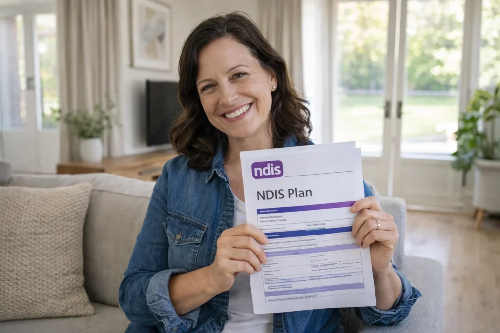 Australian woman smiling in her living room while holding her approved NDIS plan document, feeling relieved and empowered