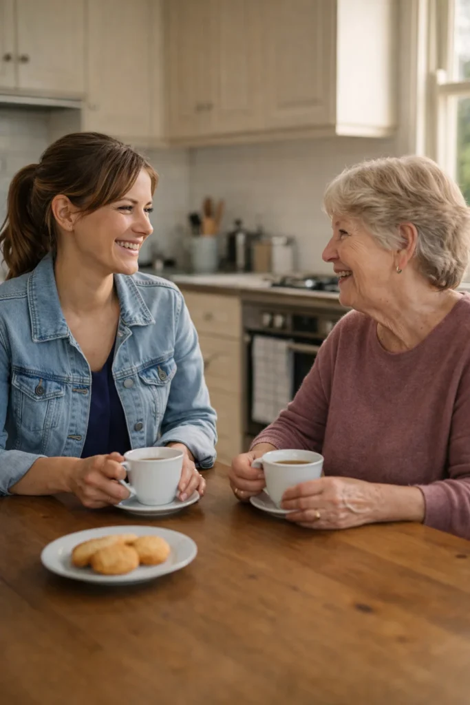 A support worker sitting with an older participant at a kitchen table, smiling and having a warm conversation over cups of tea.