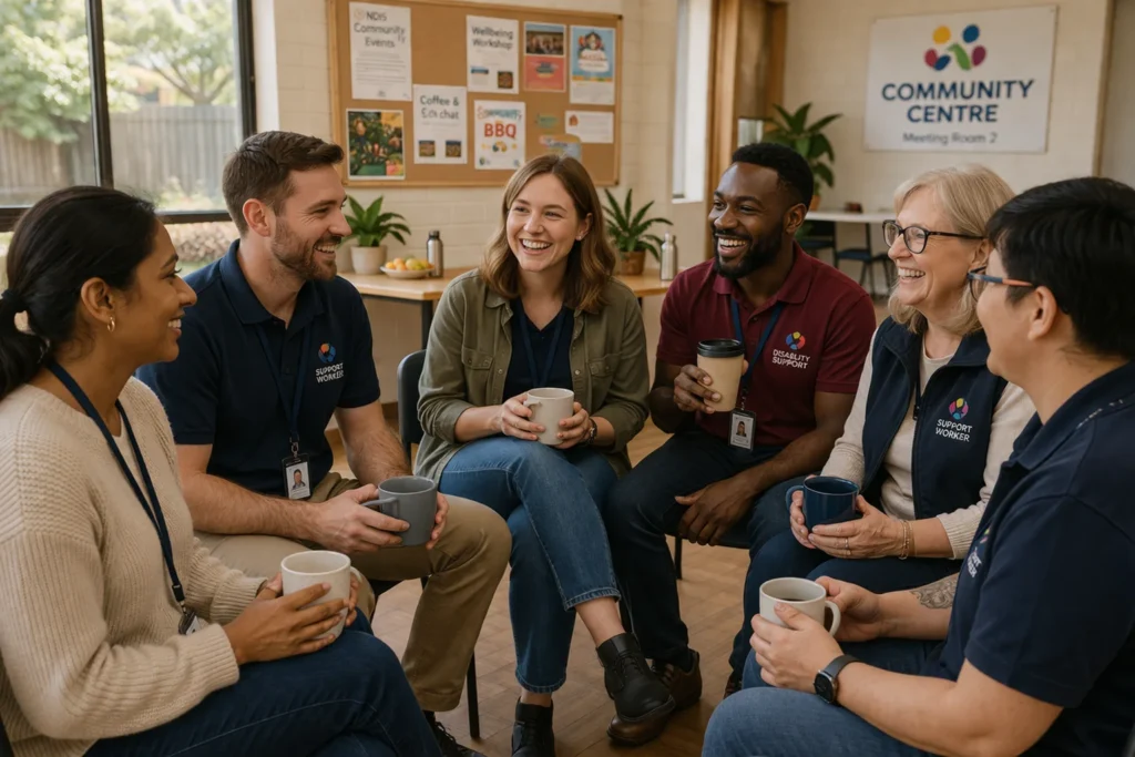 A group of support workers sitting in a circle in a community centre, sharing coffee and chatting, showing peer connection and support.