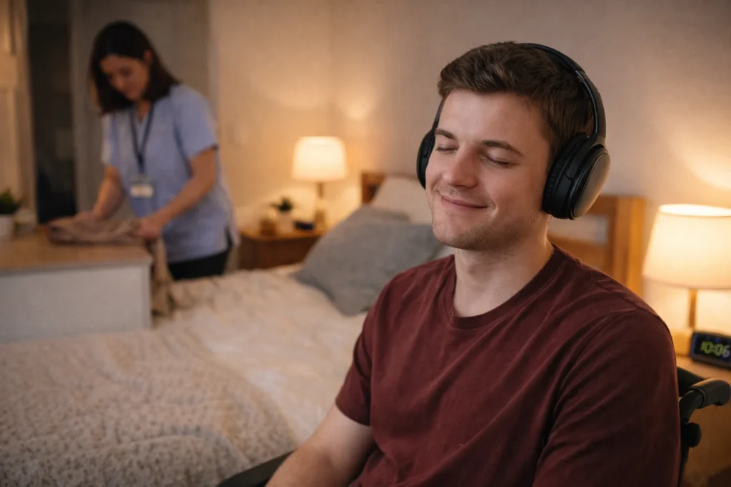 Young man with autism using noise-cancelling headphones in bedroom with support worker in background