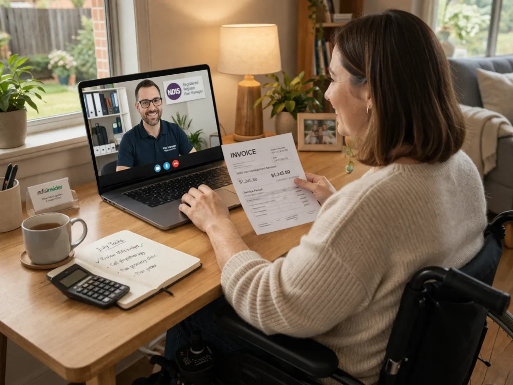 Woman on video call with plan manager reviewing invoice on laptop at home desk