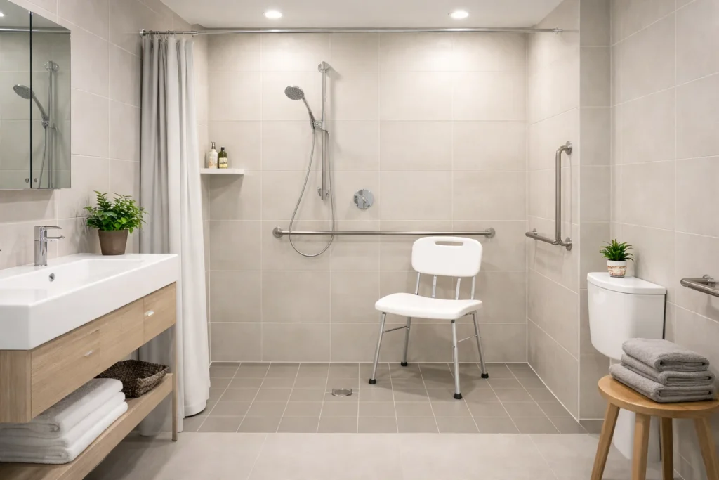 Modern accessible bathroom with grab rails roll-in shower and shower chair