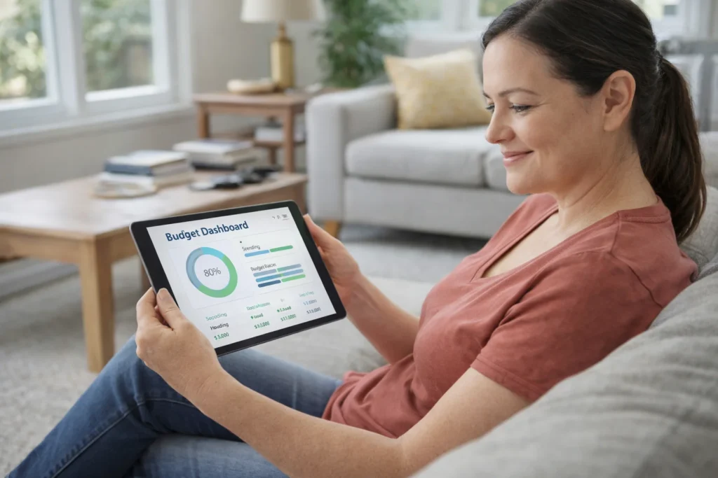 A woman sitting comfortably on her couch, holding a tablet showing a budget dashboard, looking relaxed and stress-free]